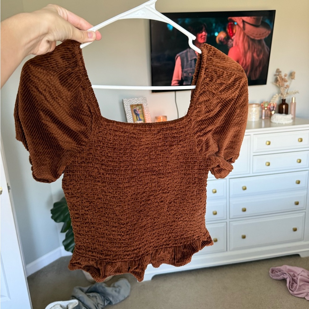 American Eagle Brown Smocked Ruffled Blouse